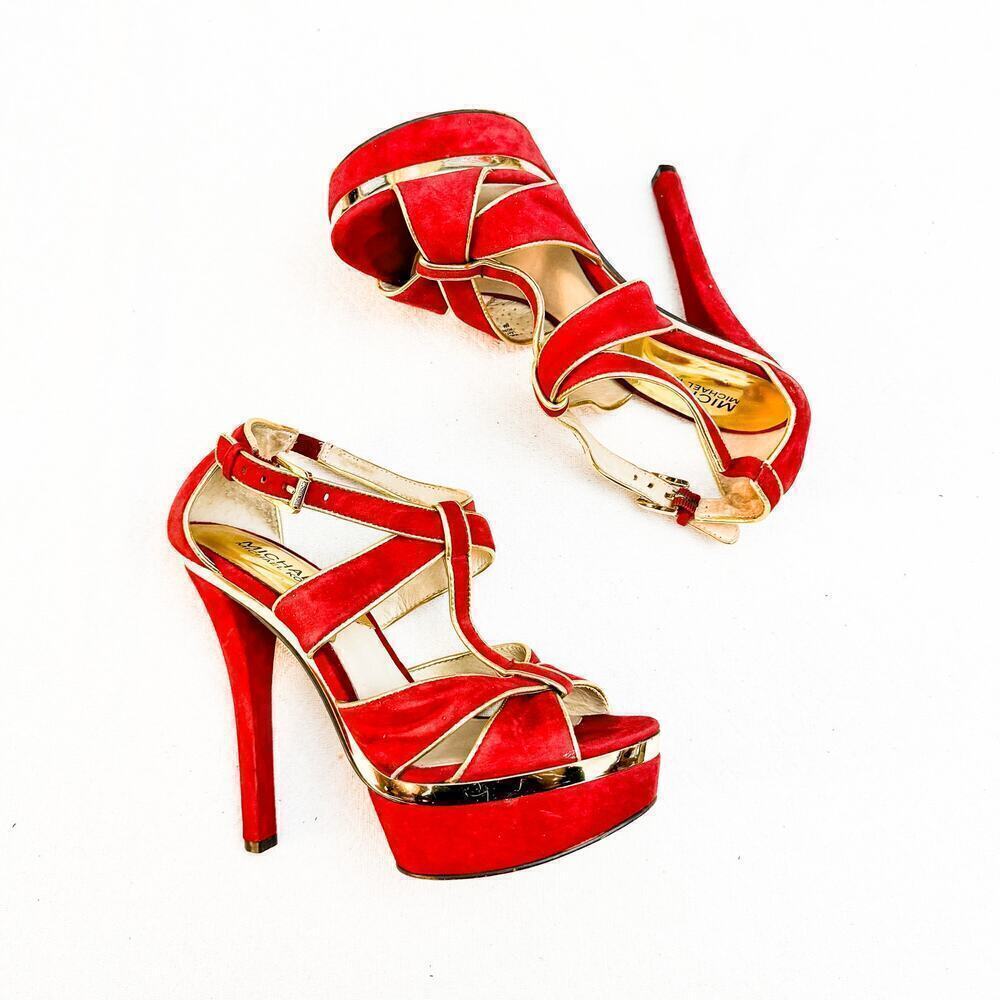 Michael Kors Suede Red Platform Pumps Gold Trimmed Size 6 - Picture 6 of 6